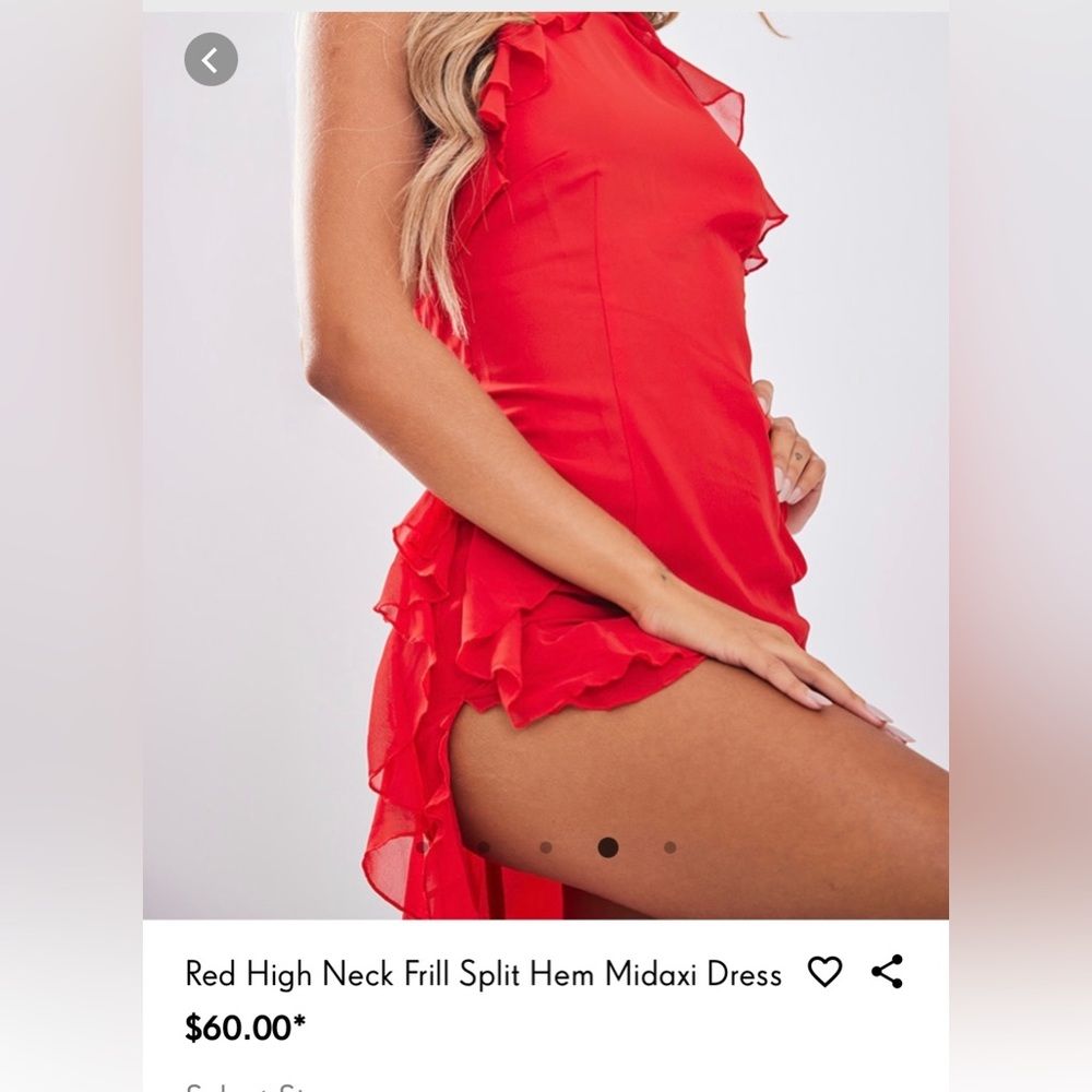 PrettyLittleThing “Red High Neck Frill Split Hem Midaxi Dress”